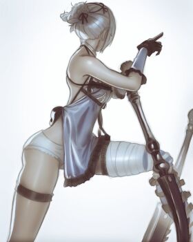 1girl bandaged_leg bandages black_gloves blue_negligee braid braided_hair_rings chapinor commentary facing_away from_side gloves hair_rings highres kaine_(nier) lingerie negligee nier nier_(series) panties pointing simple_background sword underwear weapon white_background white_hair white_panties