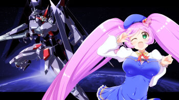 1girl assault_visor blue_dress blue_hat commentary_request cosplay crossover dress earth_(planet) green_eyes green_visor gundam gundam_age gundam_age-2 gundam_age-2_darkhound gundam_exa hat hat_ornament highres idol_time_pripara lance letterboxed long_hair manaka_laala mecha mobile_suit multicolored_dress one_eye_closed one_eye_covered open_mouth outside_border planet polearm pretty_series pripara purple_hair robot skull_ornament smile space sthesia_awar sthesia_awar_(cosplay) v v-fin v_over_eye weapon white_dress yakisoba_(kaz2113) yellow_eyes