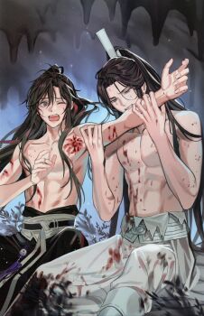 Rule 34 | 2boys, abs, ahoge, bishounen, biting, biting another's arm, black hair, black pants, bleeding, blood, blood on arm, blood on body, blood on chest, blood on clothes, blurry, blurry foreground, blush, brown hair, cave, collarbone, dirty, dirty clothes, dirty face, gearous, grass, high ponytail, highres, holding another's arm, injury, lan wangji, long hair, looking at another, male focus, modao zushi, multiple boys, nipples, non-web source, official art, one eye closed, open mouth, outstretched arm, pants, partially undressed, pectorals, ponytail, sidelocks, sitting, tassel, teeth, toned, toned male, topless male, torn clothes, very long hair, wei wuxian, white pants, xiao guan (headdress), yaoi, yaopei, yellow eyes