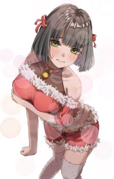 1girl alternate_costume bare_shoulders bell black_hair blunt_bangs blunt_ends bob_cut bow breasts choker clenched_teeth collarbone commentary_request embarrassed fur-trimmed_shorts fur_thighhighs fur_trim green_eyes hair_bow highres hino_(hinonoq) link!_like!_love_live! love_live! medium_breasts momose_ginko neck_bell red_bow red_choker red_shorts santa_costume short_hair short_shorts shorts solo teeth thighhighs virtual_youtuber white_thighhighs