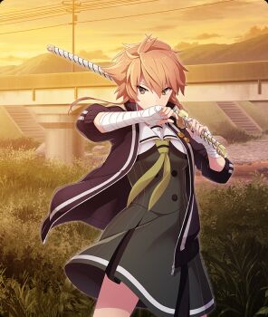 1girl bandaged_arm bandages black_jacket braid breasts bridge buttons cloud cowboy_shot dress evening game_cg grass green_dress green_neckerchief green_serafuku heijou_institute_school_uniform holding holding_sword holding_weapon jacket katana large_breasts legs_apart mountainous_horizon neckerchief official_art open_clothes open_jacket orange_eyes orange_hair orange_sky outdoors over_shoulder power_lines red_pupils sailor_collar school_uniform serafuku sheath sheathed shidou_maki_(toji_no_miko) short_hair_with_long_locks single_braid sky solo spiked_hair stairs stone_stairs sword third-party_source toji_no_miko toji_no_miko:_kizamishi_issen_no_tomoshibi utility_pole weapon weapon_over_shoulder white_sailor_collar