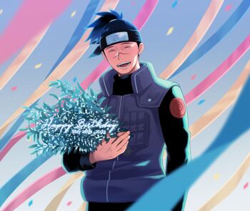 1boy black_shirt closed_eyes dated facing_viewer flak_jacket flower forehead_protector happy_birthday holding holding_flower jacket konohagakure_symbol long_sleeves male_focus naruto_(classic) naruto_(series) open_mouth ponytail sameccor scar scar_on_face scar_on_nose shirt short_hair short_ponytail solo teeth umino_iruka