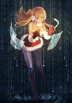10s 1girl asuna_(sao) bare_shoulders boots breasts brown_eyes brown_hair christmas cleavage digital_rain earmuffs female_focus floating_screen gloves highres long_hair pantyhose red_gloves santa_costume smile solo sword_art_online tienao