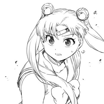 1girl bishoujo_senshi_sailor_moon bishoujo_senshi_sailor_moon_s blunt_bangs bow bowtie choker circle collarbone collared_shirt crescent crescent_earrings double_bun earrings eyelashes floating_earrings greyscale hair_bun hair_ornament heart heart_choker jewelry long_hair looking_at_viewer magical_girl meme monochrome parted_bangs sailor_collar sailor_moon sailor_moon_redraw_challenge_(meme) sailor_senshi_uniform sailor_shirt shirt short_sleeves simple_background solo tsukino_usagi tsukudani_(coke-buta) twintails upper_body white_background