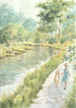 1girl blue_dress brown_hair commentary_request day dog dress forest from_behind grass hat highres holding holding_leash landscape leash long_hair nature original outdoors painting_(medium) paruperu path pet_walking ponytail river road scenery short_sleeves solo traditional_media tree walking watercolor_(medium) wide_shot