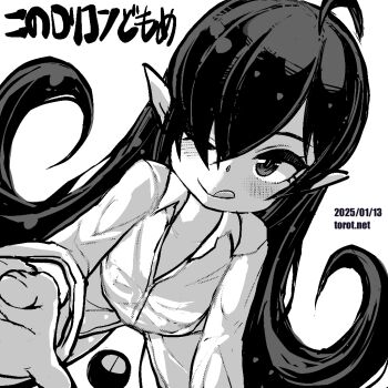 1girl ;q ahoge backbeako_(torotei) backbeard blush closed_mouth commentary dated dated_commentary dutch_angle gegege_no_kitarou greyscale hair_down hair_over_one_eye kono_lolicon_domome loli long_hair long_sleeves looking_at_viewer monochrome one_eye_closed original paid_reward_available pajamas partially_unbuttoned pointy_ears reaching reaching_towards_viewer simple_background smile solo tongue tongue_out torotei translated twintails very_long_hair watermark web_address white_background