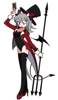 1girl aiobahn black_hat black_leotard black_thighhighs card coat demon_girl demon_horns demon_tail full_body hat highres holding holding_card holding_polearm holding_weapon horns leotard looking_at_viewer odayaka one_eye_closed open_mouth polearm red_coat smile solo tail tailcoat tententengokujigokugoku_(aiobahn) thighhighs top_hat trident weapon wrist_cuffs