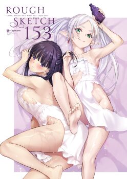 2girls armpits artist_name bare_arms bare_shoulders barefoot blush breasts closed_mouth clothes-dissolving_potion commentary_request dress elf feet_out_of_frame fern_(sousou_no_frieren) frieren green_eyes holding large_breasts leg_up long_hair looking_at_viewer lying multiple_girls nakajima_yuka no_bra no_panties on_back on_side pointy_ears potion purple_background purple_eyes purple_hair sideboob small_breasts smile sousou_no_frieren thighhighs torn_clothes torn_dress twintails wet white_dress white_hair