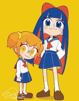 2girls :3 absurdres arms_behind_back artist_name blonde_hair blue_eyes blue_hair blue_sailor_collar blue_skirt blush bow brown_shoes clenched_hand full_body hair_bow highres loafers long_hair looking_at_viewer mori_no_ji multiple_girls pipimi poptepipic popuko red_bow sailor_collar school_uniform serafuku shirt shoes short_twintails signature simple_background skirt smile socks standing twintails white_shirt white_socks yellow_background yellow_eyes