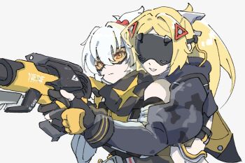 2girls bandana bandana_around_neck bare_shoulders behind_another black_gloves blindfold_mask blonde_hair camouflage camouflage_jacket closed_mouth commentary_request covered_eyes fingerless_gloves gloves glowing_mask grey_background gun hair_between_eyes hair_ornament holding holding_weapon jacket long_hair mask multiple_girls netsu_0716 orange_eyes orange_visor parted_lips ponytail rifle simple_background sniper_rifle soldier_11_(zenless_zone_zero) tinted_eyewear triangle_hair_ornament trigger_(zenless_zone_zero) weapon white_hair yellow-tinted_eyewear zenless_zone_zero