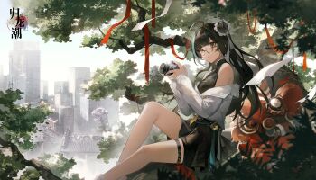 1girl :/ ahoge bare_shoulders belt black_belt black_eyes black_hair black_shirt black_skirt building camera city copyright_name day feet_out_of_frame from_side fuling_(guilongchao) glasses guilongchao hair_bun highres holding holding_camera in_tree jacket lion_dance logo long_hair long_sleeves looking_at_viewer miniskirt off_shoulder official_art on_branch round_eyewear shirt single_side_bun sitting sitting_in_tree sitting_on_branch skirt sky sleeveless sleeveless_shirt solo thigh_strap tree white_footwear white_jacket white_sky