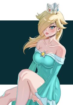 1girl absurdres bare_shoulders blonde_hair blue_background blue_dress blue_eyes blush breasts brooch closed_mouth collarbone commentary crown dress earrings emmettart eyelashes hair_over_one_eye highres jewelry letterboxed lips long_hair long_sleeves looking_at_viewer mario_(series) nintendo outside_border rosalina solo star_(symbol) star_brooch star_earrings