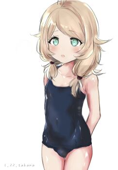 1girl ahoge aqua_eyes arms_behind_back blonde_hair blue_one-piece_swimsuit blush commentary_request covered_navel cowboy_shot flat_chest highres idolmaster idolmaster_cinderella_girls long_hair looking_ahead low_twintails old_school_swimsuit one-piece_swimsuit parted_bangs school_swimsuit shiny_skin signature simple_background solo swept_bangs swimsuit takana481 twintails white_background yusa_kozue