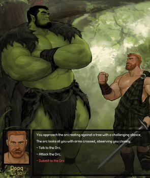 2boys bara bare_pectorals beard colored_skin crossed_arms dopey_(dopq) eye_contact facial_hair fantasy feet_out_of_frame forest from_side full_beard green_skin highres interspecies large_pectorals looking_at_another male_focus mature_male monster_boy multiple_boys muscular muscular_male nature nipples orc original pectorals pointy_ears power_level profile sanpaku short_hair standing strongman_waist thick_beard thick_eyebrows tusks yaoi