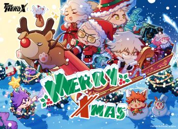 3girls 5boys absolutely_everyone ahu_(to_be_hero_x) alternate_costume annotated beard big_johnny_(to_be_hero_x) bird black_shirt bow bowtie box can cape character_doll character_request check_character chibi chibi_only chinese_commentary christmas_tree clover coat commentary commentary_request copyright_name covered_mouth doll dragon_boy_(to_be_hero_x) e-soul_(to_be_hero_x) english_commentary english_text everyone facial_hair feathers fur_trim ghostblade_(to_be_hero_x) gift hair_slicked_back hat highres holding holding_box holding_can holding_feather holding_reins house little_johnny_(to_be_hero_x) loli_(to_be_hero_x) lucky_cyan_(to_be_hero_x) merry_christmas moon mountainous_horizon multiple_boys multiple_girls musical_note nice_(to_be_hero_x) night official_art paint_can pouch promotional_art queen_(to_be_hero_x) red_cape red_coat reindeer reins santa_hat scroll shirt short_hair sleigh snow snowflakes snowman sparkle spraying star_(symbol) tinted_eyewear to_be_hero to_be_hero_x toy tree white_hair x_(to_be_hero_x) yellow-tinted_eyewear