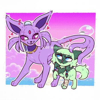 animalization bandaged_leg bandages beads blue_eyes blush border bouncing cat forked_tail green_fur hair_beads hair_ornament heart highres jinshi_(kusuriya_no_hitorigoto) kusuriya_no_hitorigoto looking_at_another maomao_(kusuriya_no_hitorigoto) motion_lines nintendo no_humans pokemon pokemon_(creature) purple_eyes purple_fur purple_sky sky tail tama_(thiscatdraws) white_border