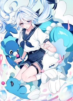 3others anko_(kimt140n) beads black_shorts blue_eyes blue_hair blue_neckerchief blush brionne character_request drill_hair evolutionary_line furina_(genshin_impact) gen_7_pokemon genshin_impact hair_between_eyes heterochromia highres long_hair multicolored_hair multiple_others neckerchief nintendo pokemon popplio primarina shirt shorts streaked_hair symbol-shaped_pupils thighhighs white_hair white_shirt white_thighhighs