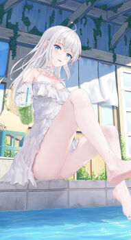 1girl :d ahoge alisa_mikhailovna_kujou bare_legs bare_shoulders barefoot blue_eyes blue_nails blush cameltoe chinese_commentary commentary_request crossed_bangs cup day disposable_cup dress drinking_straw eyelashes feet frilled_dress frills full_body hair_between_eyes hair_ribbon halterneck highres holding holding_cup ice ice_cube incoming_drink knees_up legs long_hair looking_at_viewer nail_polish open_mouth outdoors panties partial_commentary pleated_dress red_ribbon ribbon ringed_eyes river short_dress sitting sleeveless sleeveless_dress smile soaking_feet solo sundress thighs toenail_polish toenails toes tokidoki_bosotto_roshia-go_de_dereru_tonari_no_alya-san underwear user_3504221 water water_drop white_dress white_hair white_panties