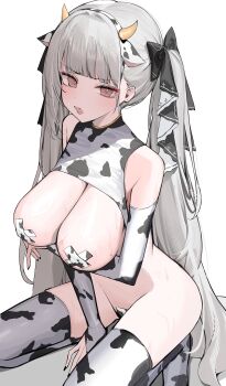 1girl absurdres animal_ears animal_print arm_under_breasts azur_lane bare_shoulders blush breasts bridal_gauntlets commentary_request covered_erect_nipples cow_ears cow_horns cow_print cow_print_thighhighs fake_animal_ears fake_horns formidable_(azur_lane) grey_hair hair_ornament hair_ribbon hairband highres horns kneeling large_breasts long_hair looking_at_viewer nephthys2356 open_mouth pasties print_thighhighs ribbon simple_background solo sweat tape tape_on_nipples thighhighs thighs twintails white_background