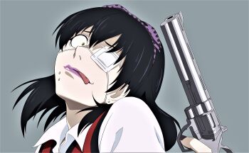 1girl :p absurdres animal_print black_hair black_nails bow_hairband closed_mouth collared_shirt commentary_request constricted_pupils earrings eyepatch face_piercing finger_on_trigger grey_background gun hairband handgun head_tilt highres holding holding_gun holding_weapon ikishima_midari jewelry kakegurui labret_piercing leopard_print lipstick looking_at_viewer makeup medium_hair nanika_(ansdjf11) one_eye_covered piercing portrait purple_hairband purple_lips red_vest revolver shirt simple_background solo stud_earrings tongue tongue_out vest weapon white_shirt yellow_eyes