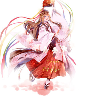 1girl absurdres arm_up black_sandals blue_eyes blunt_bangs brown_hair cherry_blossom_print chinese_commentary commentary_request dot_nose floral_print folding_fan full_body hair_ornament hakama hakama_skirt hand_fan haori happy highres holding holding_fan intern_miko_(miracle_nikki) jacket japanese_clothes kimono light_blush light_particles long_hair long_sidelocks long_sleeves looking_ahead miko miracle_nikki muriel_miaoke nikki_(series) okobo open_mouth paper_doll petals platform_sandals print_jacket red_hakama sandals short_kimono sidelocks signature simple_background skirt smile socks solo streamers tabi teeth upper_teeth_only very_long_hair white_background white_jacket white_kimono white_socks wide_sleeves