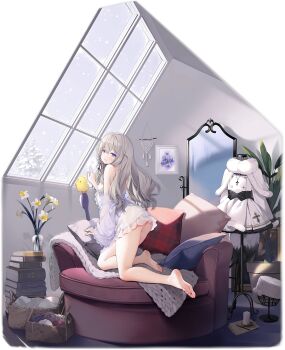 1girl ass azur_lane bare_legs barefoot blue_eyes blush book book_stack byulzzi closed_mouth commentary_request couch feet flower full_body grey_hair hair_brush heterochromia highres long_hair looking_at_viewer looking_back manjuu_(azur_lane) mirror murmansk_(azur_lane) murmansk_(sceneries_of_pure_snow)_(azur_lane) nightgown no_panties northern_parliament_(emblem) official_alternate_costume official_art pillow purple_eyes see-through_clothes seiza sitting smile soles solo stack uniform white_nightgown window
