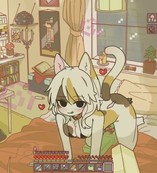 1girl 1other :3 all_fours animal_collar animal_ears apple axe bed bedroom bikini black_eyes black_shirt blush bookshelf bottomless breasts cake cake_(minecraft) calico_(pattern) candle cat_(minecraft) cat_ears cat_tail closed_mouth collar commentary condom creeper curtains downblouse dragon_egg_(minecraft) enchantment_table english_commentary fish food fruit furry furry_female golden_apple heads-up_display health_bar heart highres indoors looking_at_viewer medium_breasts micro_bikini mike_no_hito minecraft minecraft_axe minecraft_pickaxe minecraft_sword mushroom on_bed personification pickaxe pillow piston polearm potion pov pov_hands pufferfish_(minecraft) seductive_smile shirt slime_(substance) smile solo_focus splash_potion spyglass swimsuit sword tail trident used_condom user_interface weapon window