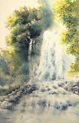 Rule 34 | cliff, forest, highres, nature, no humans, original, painting (medium), river, riverbank, scenery, shimizu megumi (m acquerello), traditional media, tree, water, water drop, watercolor (medium), waterfall