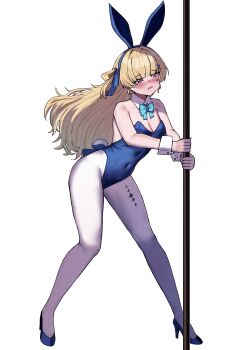 1girl 2na_(blue2na) absurdres animal_ear_hairband animal_ears aqua_bow aqua_bowtie bare_shoulders blonde_hair blue_archive blue_leotard blue_ribbon blue_shoes blush bow bowtie breasts cleavage commentary cosplay covered_navel detached_collar english_commentary fake_animal_ears fake_tail full-face_blush full_body hair_ribbon hairband high_heels highres holding holding_pole leotard long_hair medium_breasts pantyhose parted_lips phoebe_(wuthering_waves) playboy_bunny pole purple_eyes rabbit_ear_hairband rabbit_ears rabbit_tail ribbon shoes simple_background solo standing strapless strapless_leotard stripper_pole tacet_mark_(wuthering_waves) tail toki_(blue_archive) toki_(blue_archive)_(cosplay) toki_(bunny)_(blue_archive) white_background white_pantyhose wrist_cuffs wuthering_waves