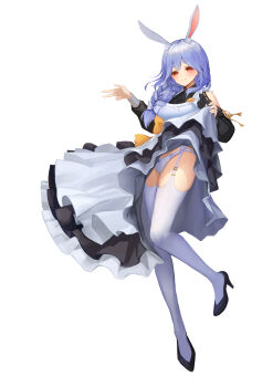 1girl absurdres animal_ears breasts highres large_breasts long_hair looking_at_viewer maid mishiya_(misiya_dream) orange_ribbon panties pants pekomama rabbit_ears red_eyes ribbon standing standing_on_one_leg underwear virtual_youtuber white_background white_pants