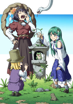 3girls animal bare_shoulders black_skirt blonde_hair blue_skirt blush brown_hat brown_shoes closed_eyes closed_mouth collared_shirt commentary detached_sleeves double-parted_bangs frilled_skirt frills frog frog_hair_ornament grass green_eyes green_hair hair_intakes hair_ornament hair_tubes hand_on_own_hip hand_up hat highres inuno_rakugaki kochiya_sanae leaf_hair_ornament long_hair long_skirt long_sleeves looking_at_animal mirror mishaguji moriya_suwako multiple_girls one_eye_closed open_mouth patterned_clothing plant print_skirt purple_hair purple_skirt purple_vest red_shirt rope shide shimenawa shirt shoes single_hair_tube single_sidelock skirt skirt_set sleeveless sleeveless_shirt smile snake snake_hair_ornament socks stone_lantern teeth tongue touhou vest vines waving white_sleeves white_snake white_socks wide_sleeves yasaka_kanako yawning