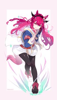 Rule 34 | 1girl, absurdres, animal ears, aqua eyes, black pantyhose, blue eyes, blue jacket, commentary, cosplay, dress, english commentary, floating hair, full body, grass wonder (stone-piercing blue) (umamusume), grass wonder (umamusume), grass wonder (umamusume) (cosplay), grin, heterochromia, highres, hololive, hololive english, horns, horse ears, horse girl, horse tail, irys (hololive), jacket, long hair, looking at viewer, multicolored jacket, nail polish, namiorii, pantyhose, pink eyes, pink nails, pointy ears, purple hair, purple shoes, running, sailor collar, shoes, short dress, smile, solo, tail, two-tone jacket, very long hair, virtual youtuber, white dress, white jacket, white sailor collar