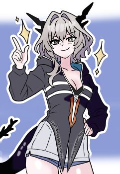 1girl absurdres arknights arm_up black_eyes black_horns black_jacket black_tail breasts bright_pupils ch'en_(arknights) ch'en_the_holungday_(arknights) ch'en_the_holungday_(arknights)_(cosplay) cleavage closed_mouth commentary cosplay cowboy_shot english_commentary grey_hair grey_jacket hair_intakes hand_on_own_hip highres horns jacket long_sleeves looking_at_viewer lucia_(luciatehe) medium_hair outline small_breasts smile solo sparkle standing tail talulah_(arknights) white_outline white_pupils