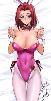 1girl absurdres animal_ear_hairband animal_ears artist_name blue_eyes bow bowtie breasts cleavage code_geass commentary_request cowboy_shot dated detached_collar fake_animal_ears gluteal_fold hair_intakes hairband highres kouzuki_kallen large_breasts leotard lying on_back pantyhose pink_bow pink_bowtie pink_leotard pink_pantyhose playboy_bunny rabbit_ears red_hair short_hair side-tie_leotard signature solo strapless strapless_leotard thigh_gap w_arms wrist_cuffs yoo_tenchi