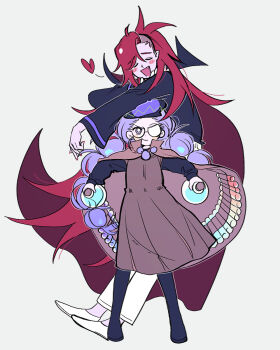 1boy 1girl :d alchemist_cookie arm_rest asymmetrical_hair black-framed_eyewear black_boots black_hat black_shirt boots braid bright_pupils brother_and_sister brown_capelet brown_dress cape capelet closed_eyes closed_mouth commentary_request cookie_run dot_nose dress facing_viewer fang flask full_body glasses grey_background hair_behind_ear hair_between_eyes hat heart highres holding holding_flask humanization korean_commentary legs_apart legs_together long_hair long_sleeves looking_at_viewer medium_dress nail_polish open_mouth pants pointy_ears ponong purple_eyes purple_hair red_cape red_hair red_nails round-bottom_flask round_eyewear shirt shoes siblings sidecut simple_background sleeveless sleeveless_dress smile standing twin_braids u_u undercut vampire_cookie very_long_hair white_pants white_pupils white_shoes