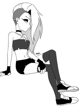 1girl absurdres asymmetrical_hair bare_arms bare_shoulders choker commentary_request criss-cross_halter crop_top cropped_shirt ear_piercing eyebrow_piercing eyeshadow face_piercing fingerless_gloves fingernails from_side full_body gloves hair_behind_ear halterneck hand_on_own_opposite_thigh hellaverse helluva_boss highres humanization invisible_chair knee_up long_hair looking_at_viewer loona_(helluva_boss) makeup menma_(enaic31) midriff navel piercing profile shoes short_shorts shorts sidecut signature simple_background sitting solo thighhighs undercut very_long_hair white_background