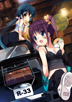 Rule 34 | 2girls, bagel, bare shoulders, blue eyes, breasts, brown eyes, car, converse, dirt, dirty, dirty face, donut, fiat, fiat 500, food, garage, kurozu, long hair, medium breasts, midriff, motor vehicle, multiple girls, navel, open clothes, open shirt, original, ponytail, purple hair, sandwich, shirt, shoes, side ponytail, smile, sneakers, tank top