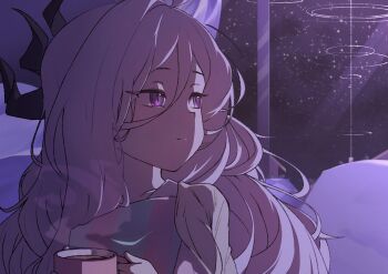 1girl ahoge blue_archive coffee commentary_request demon_girl demon_horns highres hina_(blue_archive) hina_(pajamas)_(blue_archive) horns indoors long_hair maekei night night_sky pajamas purple_eyes sky solo very_long_hair white_hair