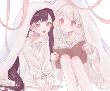 2girls :d black_hair blanket blush book closed_mouth collarbone commentary_request curusucururi frilled_nightgown highres holding holding_book knees_up long_hair long_sleeves looking_at_object multiple_girls nightgown open_mouth original parted_bangs pink_eyes reading_together ribbon simple_background sitting smile swept_bangs twintails under_covers very_long_hair white_background white_hair white_nightgown white_ribbon