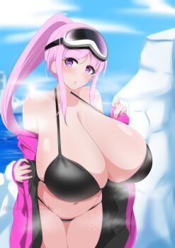 1girl bikini black_bikini blue_archive blush breasts cleavage coat eimi_(blue_archive) eimi_(swimsuit)_(blue_archive) gigantic_breasts goggles goggles_on_head hiroki_gunsou iceberg lips long_hair navel off-shoulder_coat off_shoulder open_clothes open_coat open_mouth outdoors pink_coat pink_hair ponytail purple_eyes ski_goggles sky solo standing sweat swimsuit twitter_username