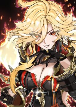 Rule 34 | absurdres, ahoge, aura, biker clothes, bikesuit, black gloves, blonde hair, bodysuit, breasts, cleavage, clenched hand, close-up, commentary request, curtained hair, double-parted bangs, earrings, fiery aura, fiery hair, front zipper, genshin impact, gloves, grin, hair between eyes, hair over one eye, highres, hoop earrings, jewelry, large breasts, long hair, looking at viewer, mavuika (genshin impact), mochitsu motaretsu, orange eyes, parted lips, red hair, smile, solo, upper body