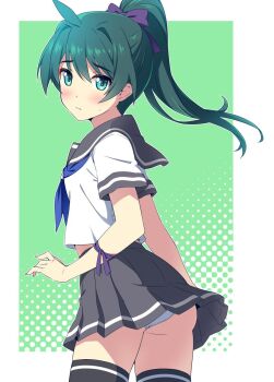 Rule 34 | 1girl, alternate costume, aqua eyes, bow, green background, green hair, grey skirt, highres, long hair, nonbe19, ponytail, purple bow, saegusa wakaba, sailor uniform, school uniform, skirt, solo, thighhighs, vividred operation
