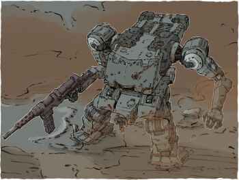 armored_core armored_core_vi:_fires_of_rubicon from_above gun highres holding holding_gun holding_weapon huge_weapon magazine_(weapon) mecha mecha_focus mud original robot submachine_gun vehicle_focus vehicle_request weapon yabarn