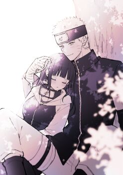 Rule 34 | 1boy, 1girl, bandage on leg, bandaged hand, bandages, black hair, black jacket, blunt bangs, blurry, blurry foreground, breasts, closed eyes, closed mouth, couple, facial mark, feet out of frame, greyscale, headband, headband around neck, hetero, highres, hime cut, hood, hood down, hyuuga hinata, jacket, konohagakure symbol, large breasts, leaf, leaf on head, leaning on person, light smile, long hair, monochrome, naruto (series), naruto shippuuden, short hair, sitting, sleeping, spiked hair, straight hair, ting, tree, under tree, uzumaki naruto, whisker markings
