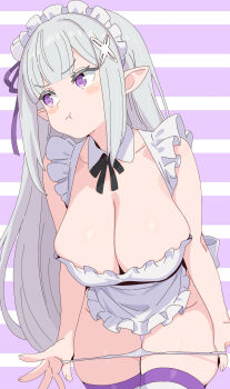 1girl apron bare_arms black_ribbon breasts closed_mouth collar colored_eyelashes commentary_request elf emilia_(re:zero) grey_hair highres huge_breasts long_hair looking_to_the_side maid_apron maid_headdress panties panty_pull pointy_ears pout re:zero_kara_hajimeru_isekai_seikatsu remnia ribbon sideways_glance solo striped_background thighs underwear white_collar white_panties