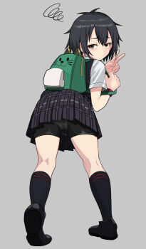 1girl annoyed backpack bag bike_shorts black_hair black_shoes black_shorts black_skirt black_socks black_vest cameltoe closed_mouth frown green_bag grey_background highres loli looking_at_viewer looking_back marvel medium_hair minami_no_uo-za panties_under_bike_shorts peni_parker plaid_clothes plaid_skirt shirt shoes short_sleeves shorts simple_background skirt socks solo spider-man:_into_the_spider-verse spider-man_(series) spider-verse standing v vest white_shirt