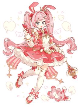 1girl :d absurdres animal_ears blue_eyes blush bow bowtie commentary_request crown detached_sleeves dot_nose dress frilled_dress frills full_body hair_intakes hair_ornament hairclip heart heart_hair_ornament highres holding holding_wand long_hair open_mouth original pink_hair rabbit_ears rabbit_girl red_bow red_bowtie red_dress red_shoes red_sleeves saijo1201 shoes simple_background sleeveless sleeveless_dress smile solo sparkle standing standing_on_one_leg striped_bow striped_bowtie striped_clothes striped_sleeves stuffed_animal stuffed_rabbit stuffed_toy thighhighs twintails wand watermark white_background white_thighhighs zettai_ryouiki