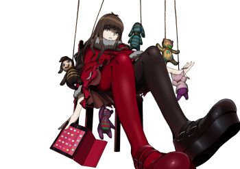 Rule 34 | 1girl, absurdres, asymmetrical footwear, asymmetrical legwear, black pantyhose, black shoes, book, brown eyes, brown hair, brown skirt, candle, capelet, chair, commentary, doll, from below, fur trim, ghost, hairband, hanged, highres, indoors, kurenaino aria, long hair, looking to the side, mary janes, mirror, mismatched footwear, mismatched legwear, miyagi ruka, occultic;nine, outstretched arm, pantyhose, parted lips, platform shoes, red pantyhose, red shoes, rope, science adventure, shoes, sitting, skirt, table, tablet pc, transparent