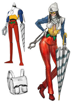 1girl backpack bag beanie black_hair blue_sleeves closed_umbrella cropped_jacket full_body getter-2 getter_robo gloves goggles hand_on_own_hip hat high_heels holding holding_pliers holding_umbrella humanization jacket long_hair long_sleeves looking_to_the_side official_art_inset open_clothes open_shirt pants pliers red_pants red_shoes reference_inset scarf shirt shoes solo standing tahra tinted_eyewear umbrella undershirt white_bag white_gloves white_hat white_jacket white_scarf yellow-tinted_eyewear yellow_shirt