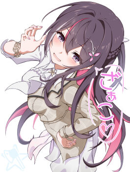 0th_generation_(hololive) 1girl absurdres azki_(4th_costume)_(hololive) azki_(hololive) blush colored_inner_hair hair_ornament hairclip highres hololive long_hair looking_at_viewer multicolored_hair open_mouth pink_hair purple_eyes smile solo soware virtual_youtuber